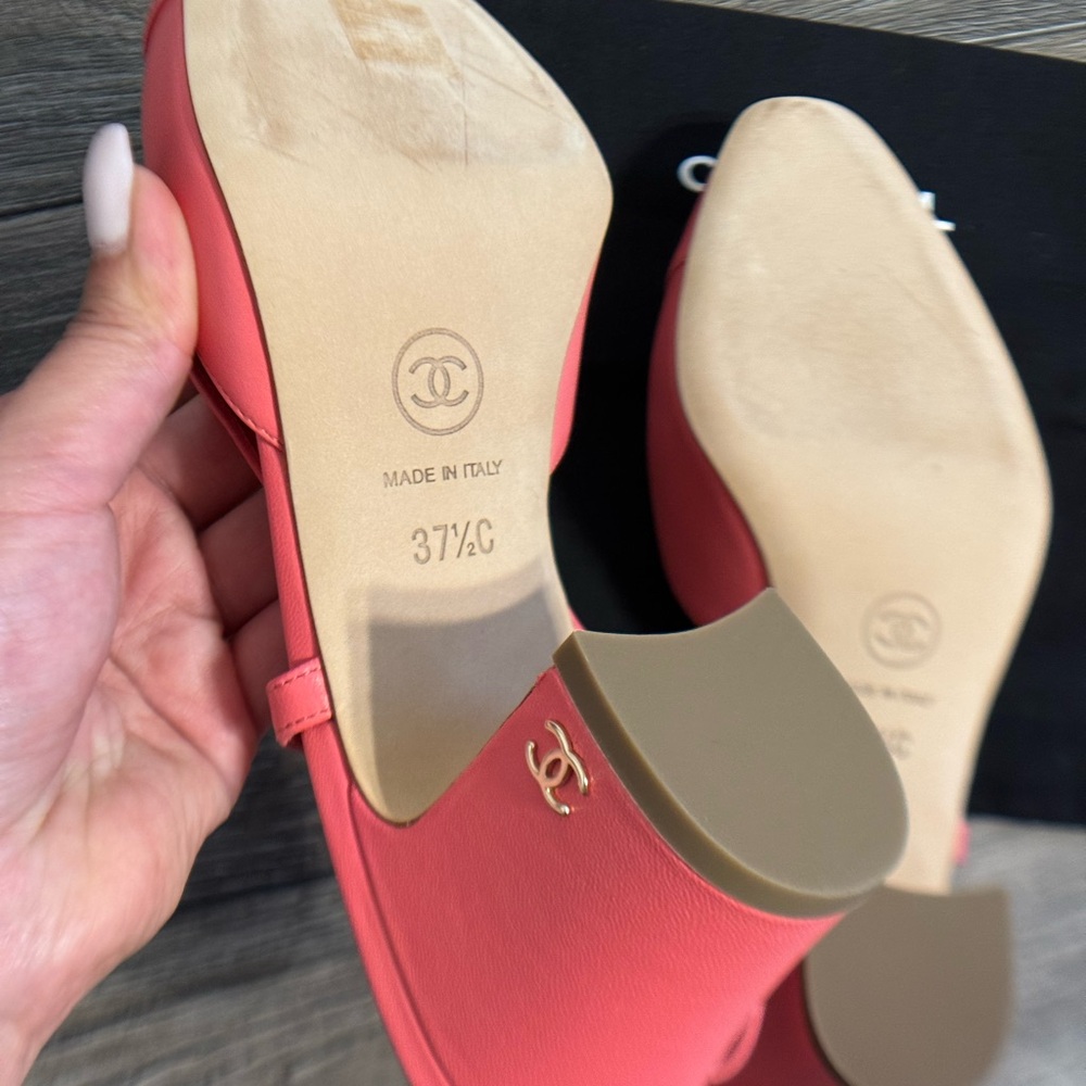 CHANEL Pink Leather Classic Slingback Heels - Size 37.5 C - Picture 6 of 10